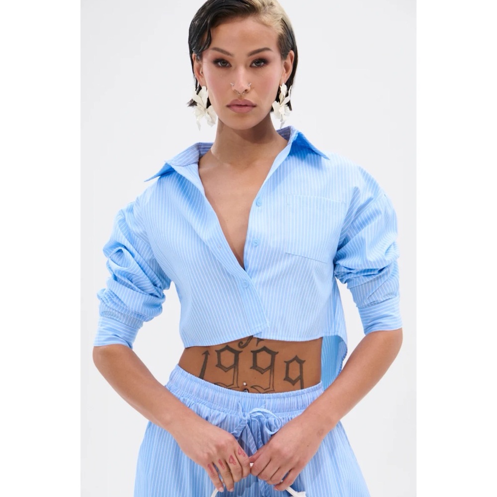 Akira Blue Pinstripe Collared Button Down Cotton Long Sleeve Crop Top Size XL